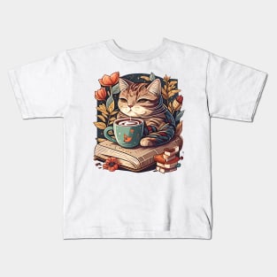 Love Pet My Cat - I Just Want To Drink Coffee And Reading Book Kids T-Shirt